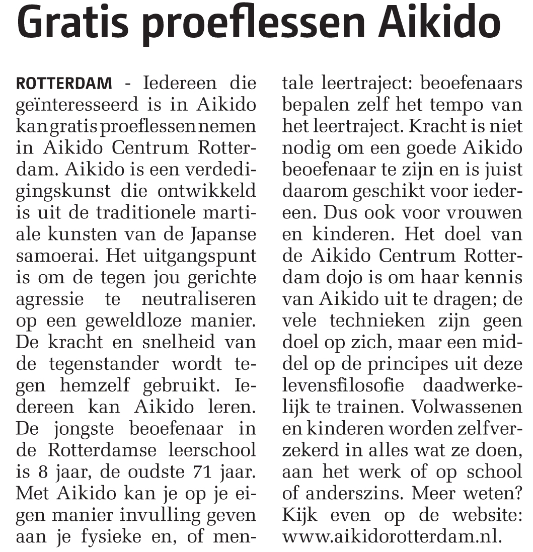 Aikido Centrum Rotterdam in weekkrant De Havenloods Noord d.d. 21 mei 2014